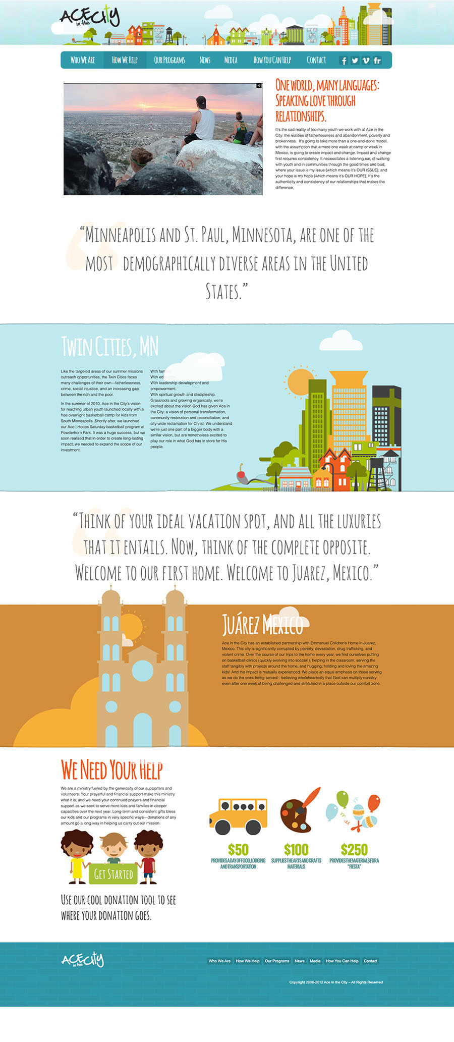 The How We Help page showing parallax cityscape, Twin Cities section, and the Juárez Mexico partnership