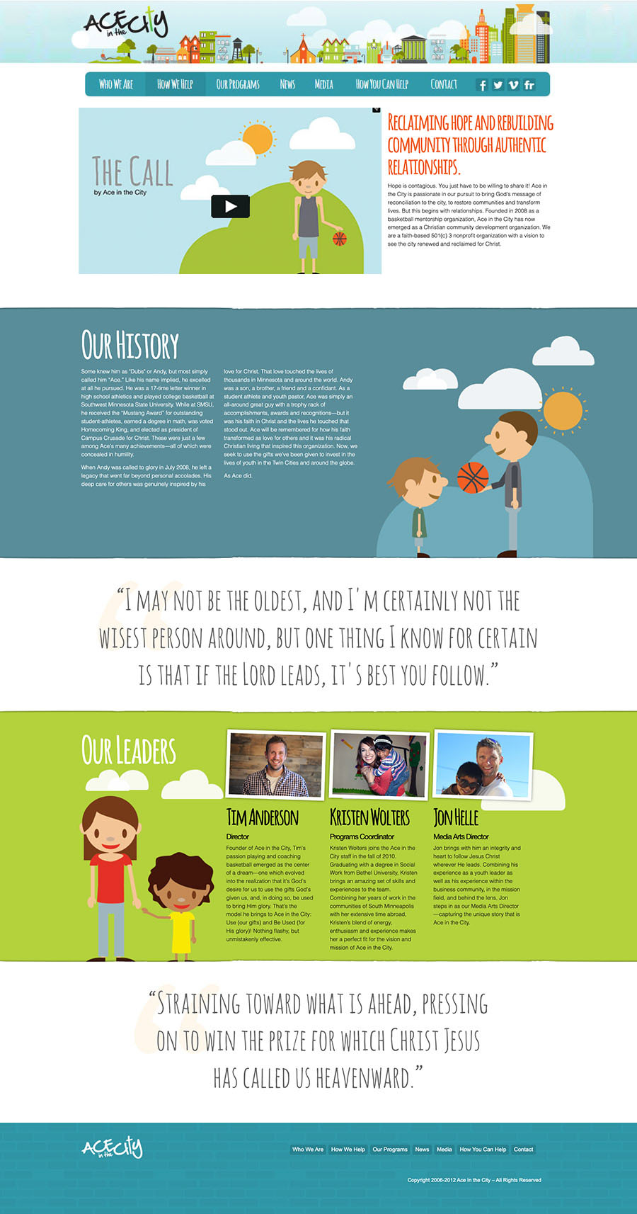 Who We Are page with organization history, illustrated characters, and team profiles mixing photography with illustrated frames