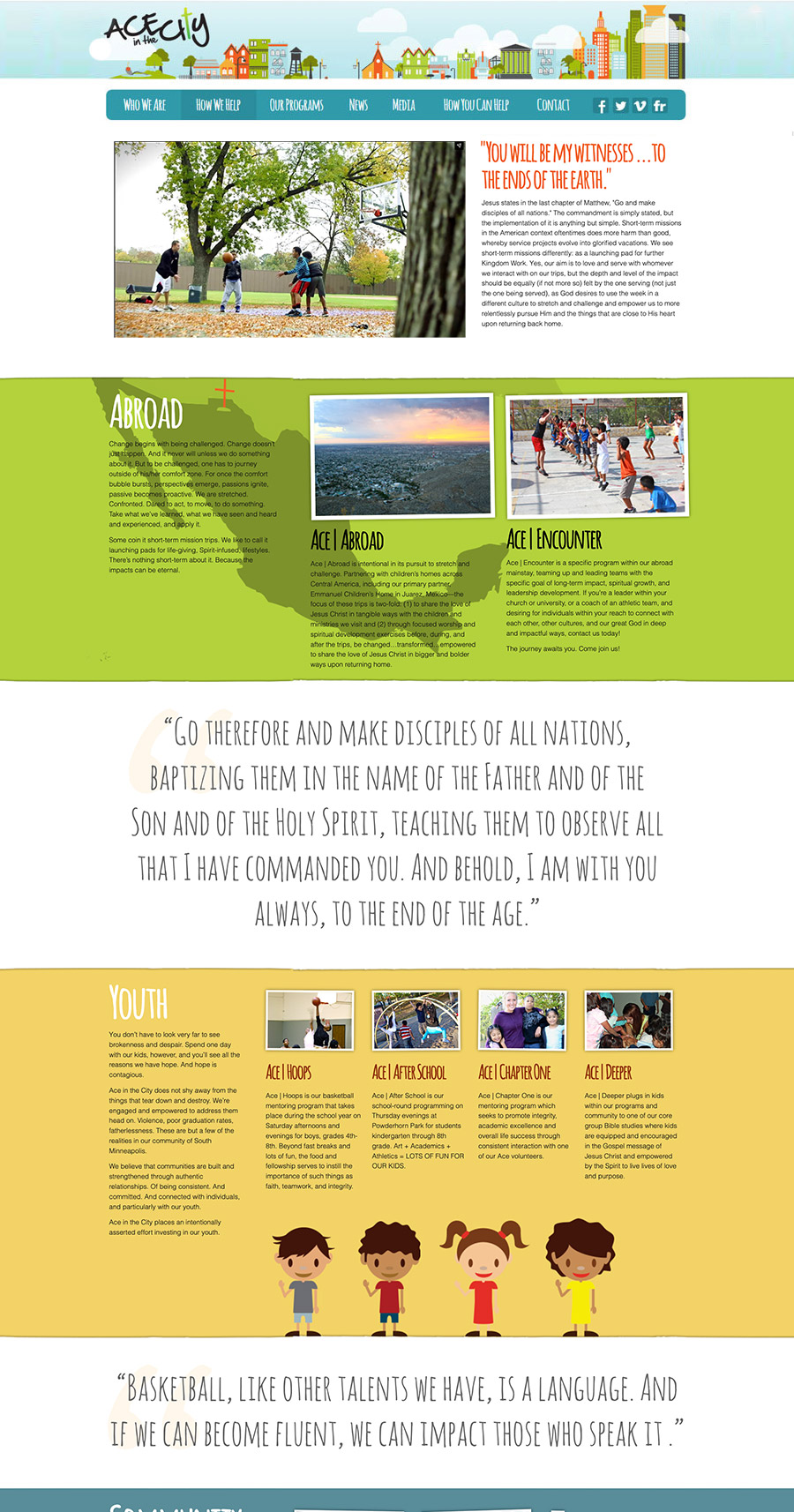 How We Help page showing the full scroll with donation mechanic and illustrated impact icons
