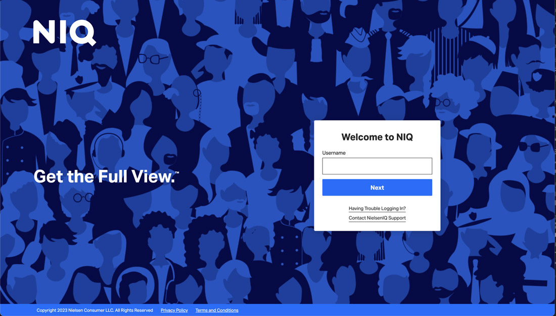 NielsenIQ login screen with illustrated crowd pattern and "Get the Full View" tagline