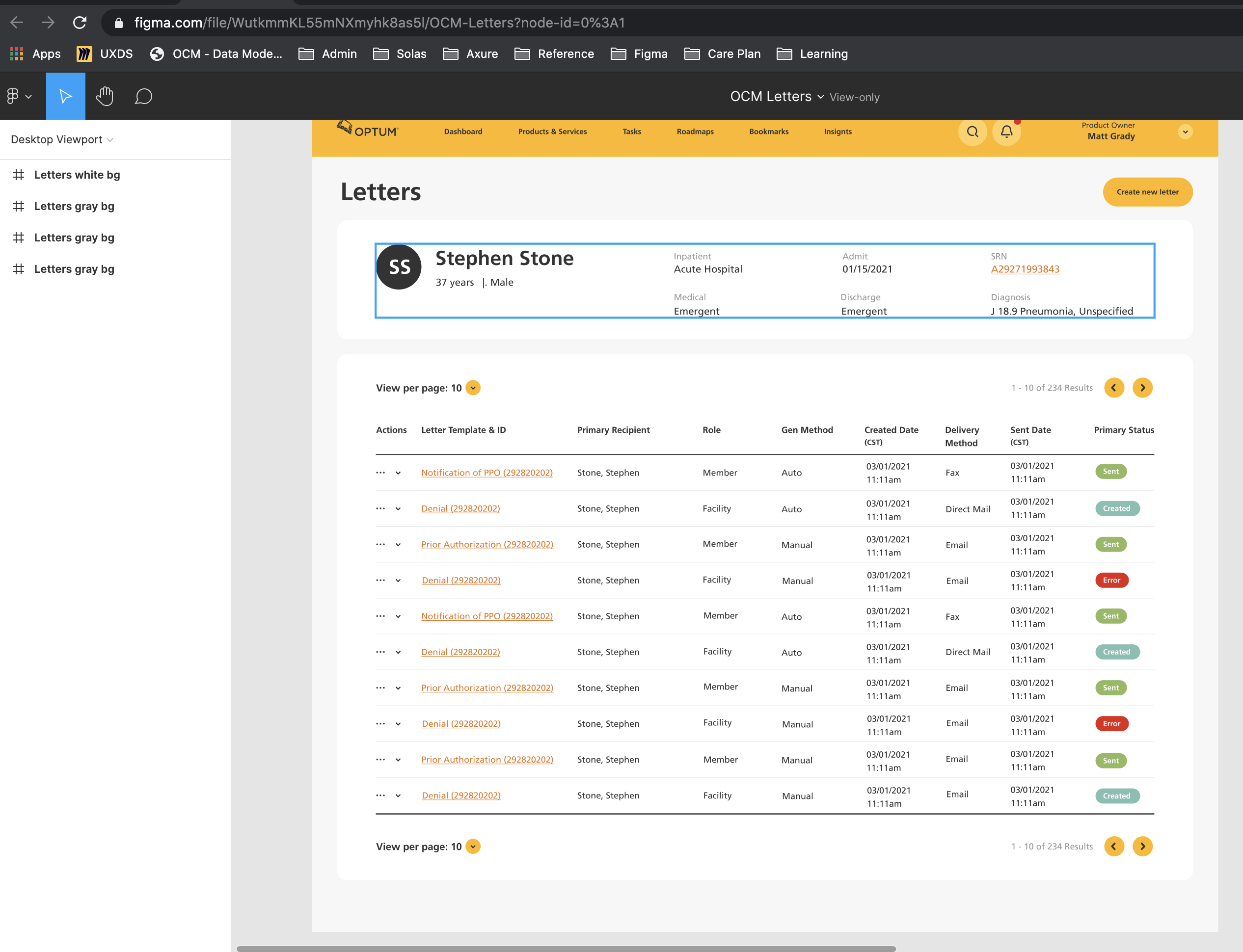 OCM Letters interface showing patient record with letter history, delivery methods, generation status, and status indicators