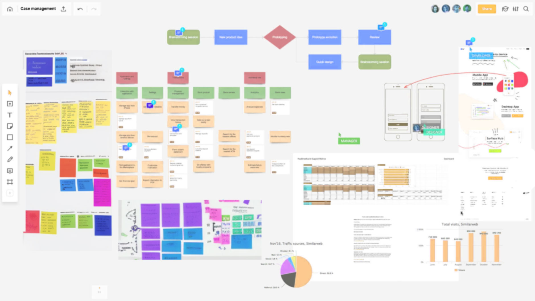 Mural board showing case management research — process flows, brainstorming, competitive analysis, device considerations, and support metrics