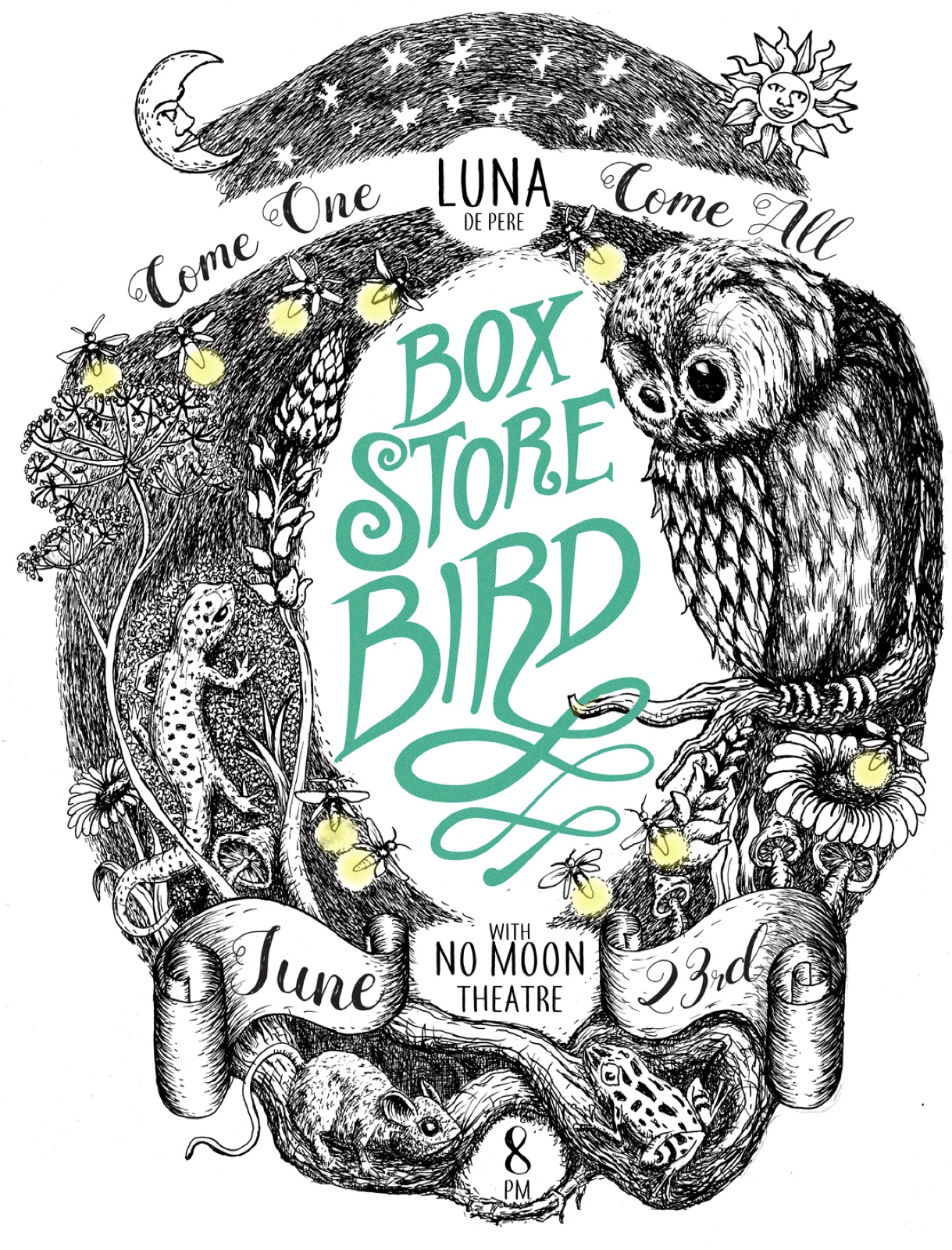 Box Store Bird theater poster: a moonlit pen-and-ink botanical frame with a great owl, salamander, mouse, and yellow fireflies around the show title in loose teal hand-lettered script.