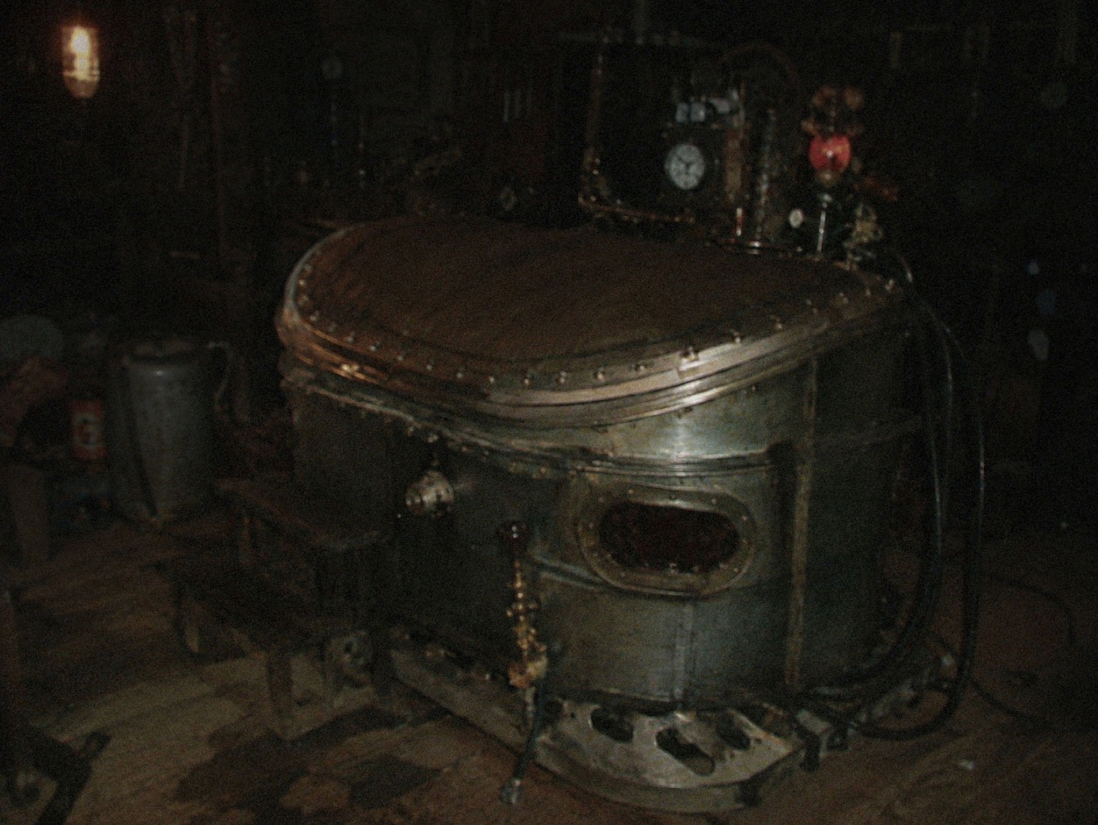 The tank: a sensory-deprivation float chamber welded from an old farm horse trough, set on skids.