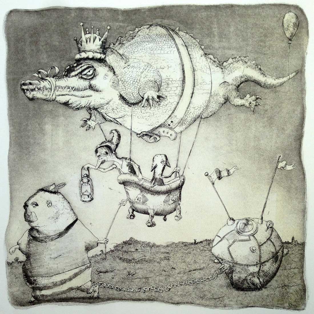 Copper etching: a crocodile wearing a crown serves as a dirigible, a bathtub gondola of long-necked birds slung beneath it; a round figure tows a chained diving-bell machine across a scrubby field.