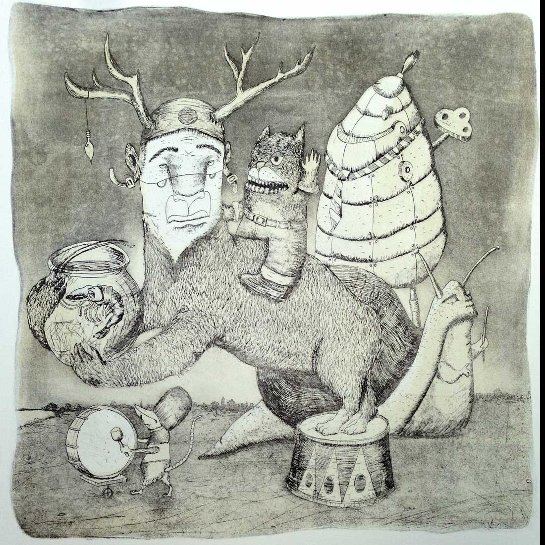 Copper etching: a melancholy antlered giant holds a fishbowl with a shrimp inside while a fanged cat-imp rides its back; a mouse beats a bass drum beside a riveted beehive machine.