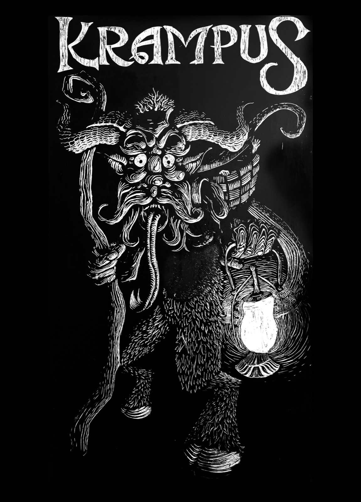 The Krampus card: a horned, hoofed figure with a switch and lantern in white carved line on black, under hand-cut KRAMPUS lettering.
